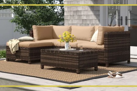 photo of a ratan backyard set from Wayfair on a patio