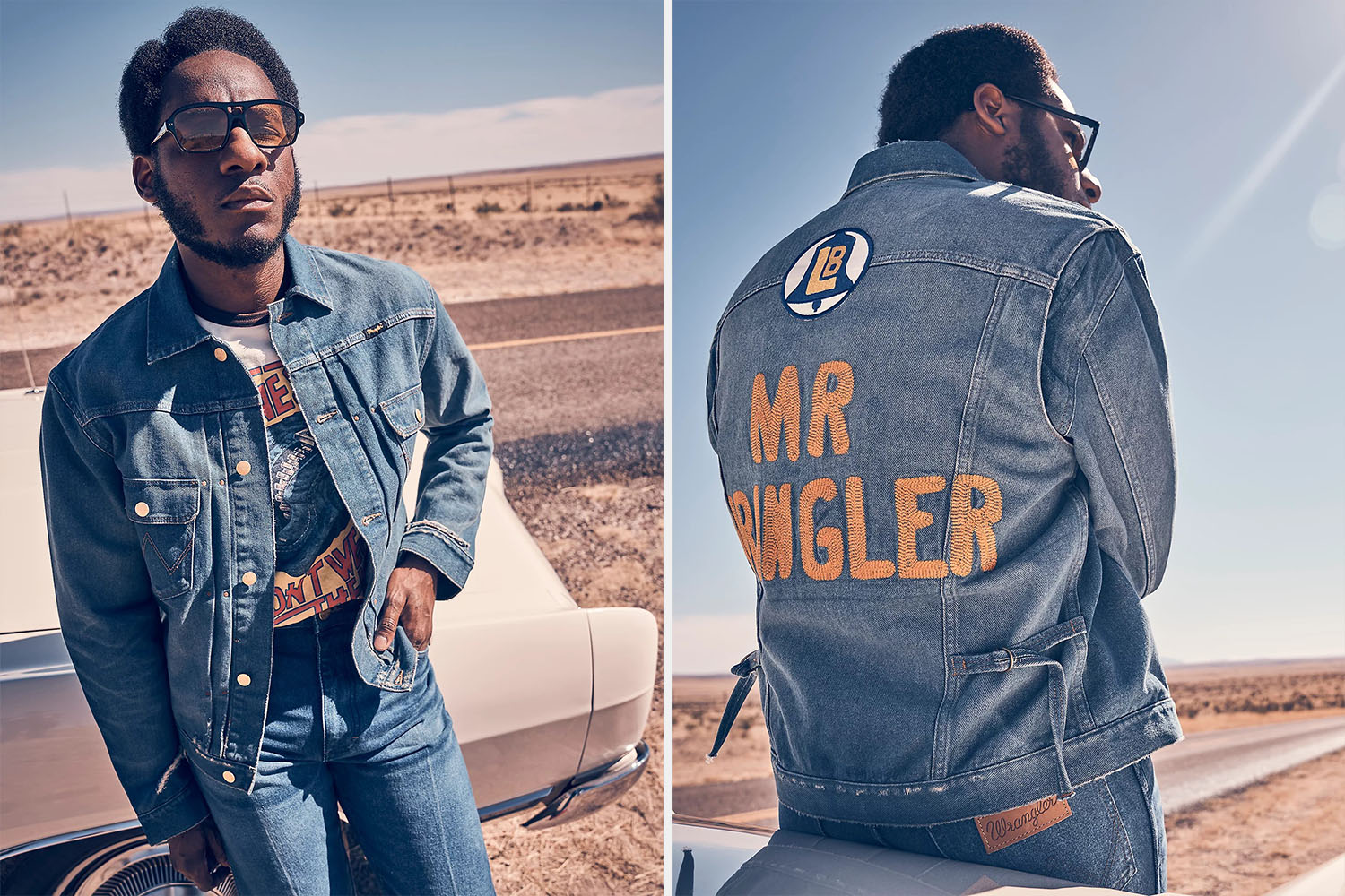 a collage of model photos from Wrangler x Leon Bridges
