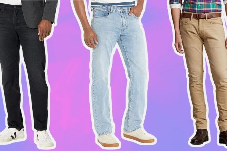 a collage of models in styles from the Zappos Jeans Sale on a purple background