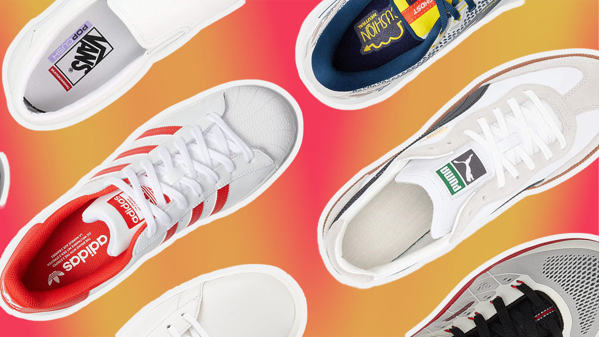 a collage of white sneakers from Zappos on a red background