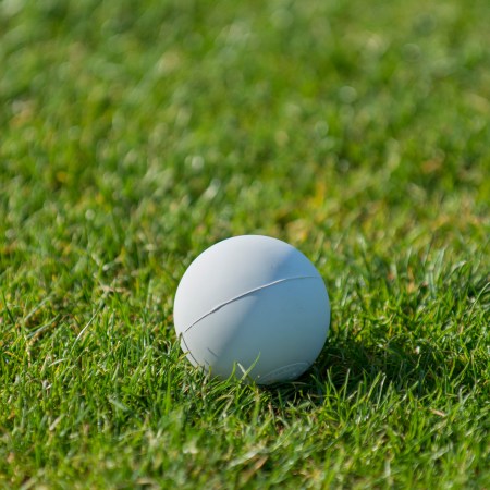 A lacrosse ball sitting on the grass. This $5 ball can be a great massage tool, better than a massage gun.