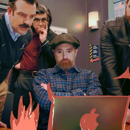 Ted Lasso, Coach Beard, Roy Kent and Trent Crimm staring at an Apple computer with devil horns surrounding it.