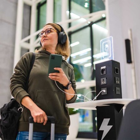 Woman waiting for her flight at the airport while charging her phone at charging station. The FBI recently released a warning about charging your phone in public charging spots.
