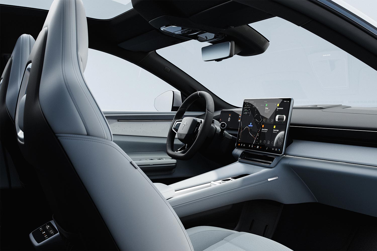 The interior of the Polestar 4, which has no rear window and instead a digital rearview mirror with a roof-mounted camera
