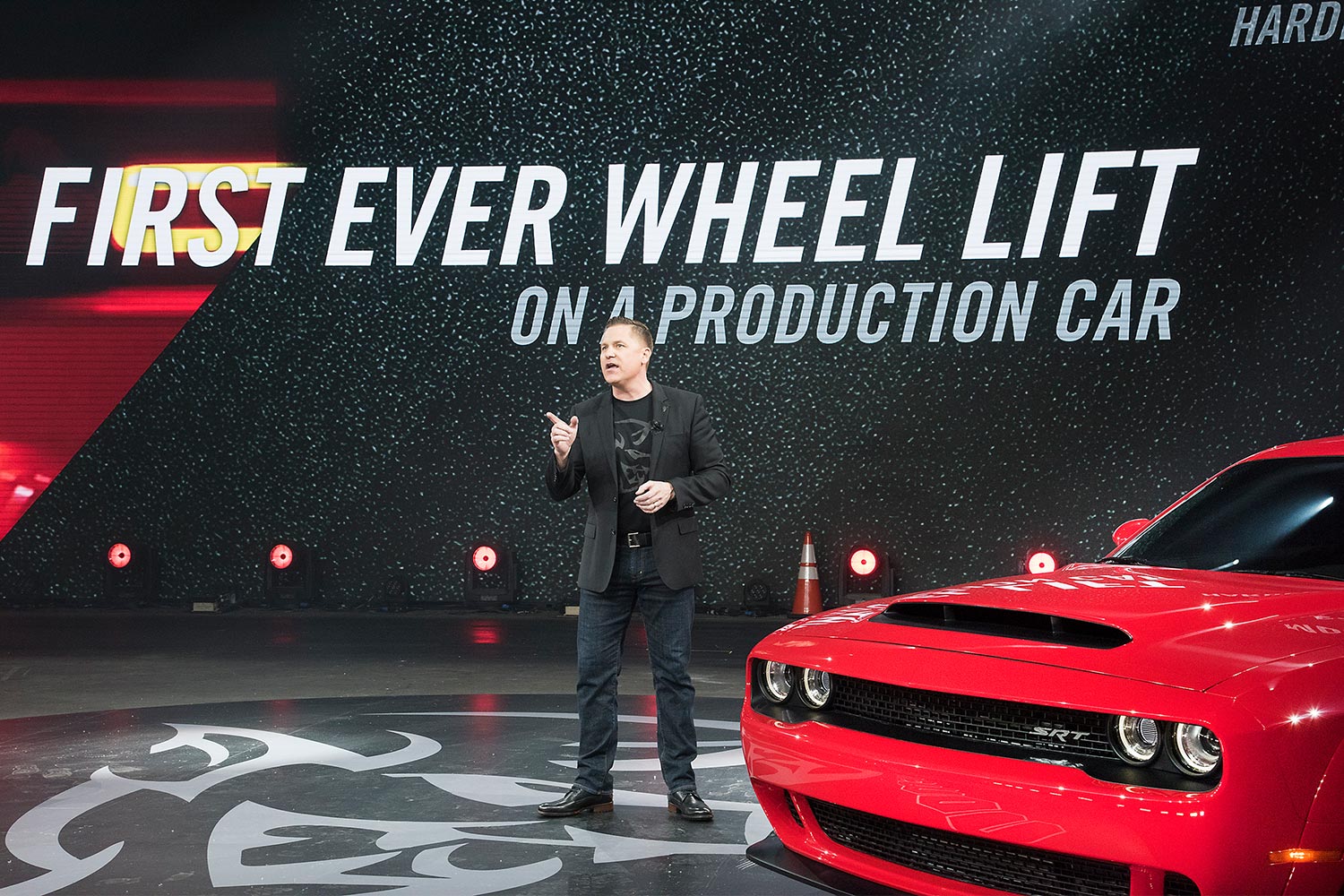 Tim Kuniskis, then head of passenger cars at FCA North America, debuts the first Demon at the 2017 New York Auto Show.