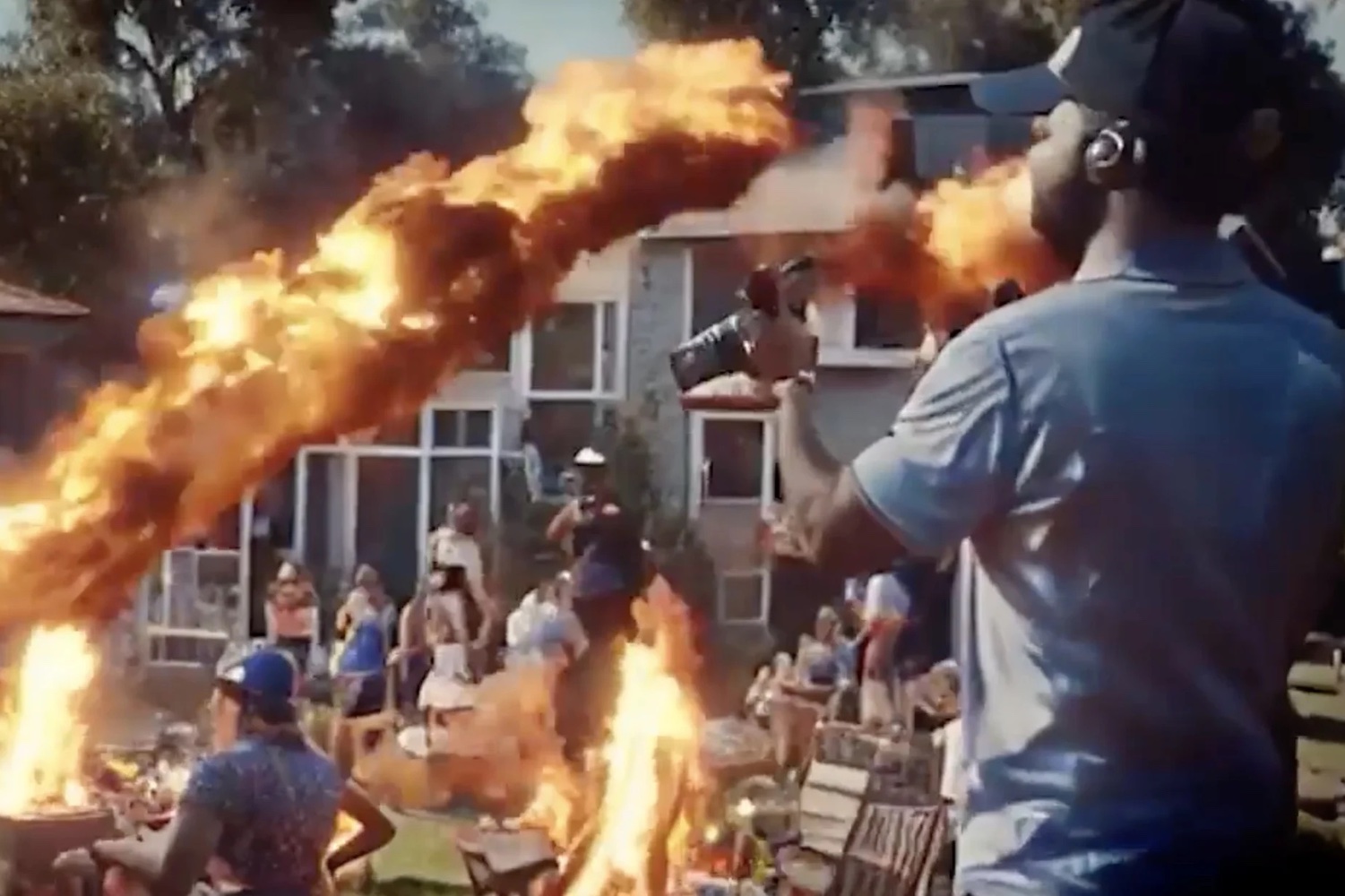 ai beer commercial with everything on fire