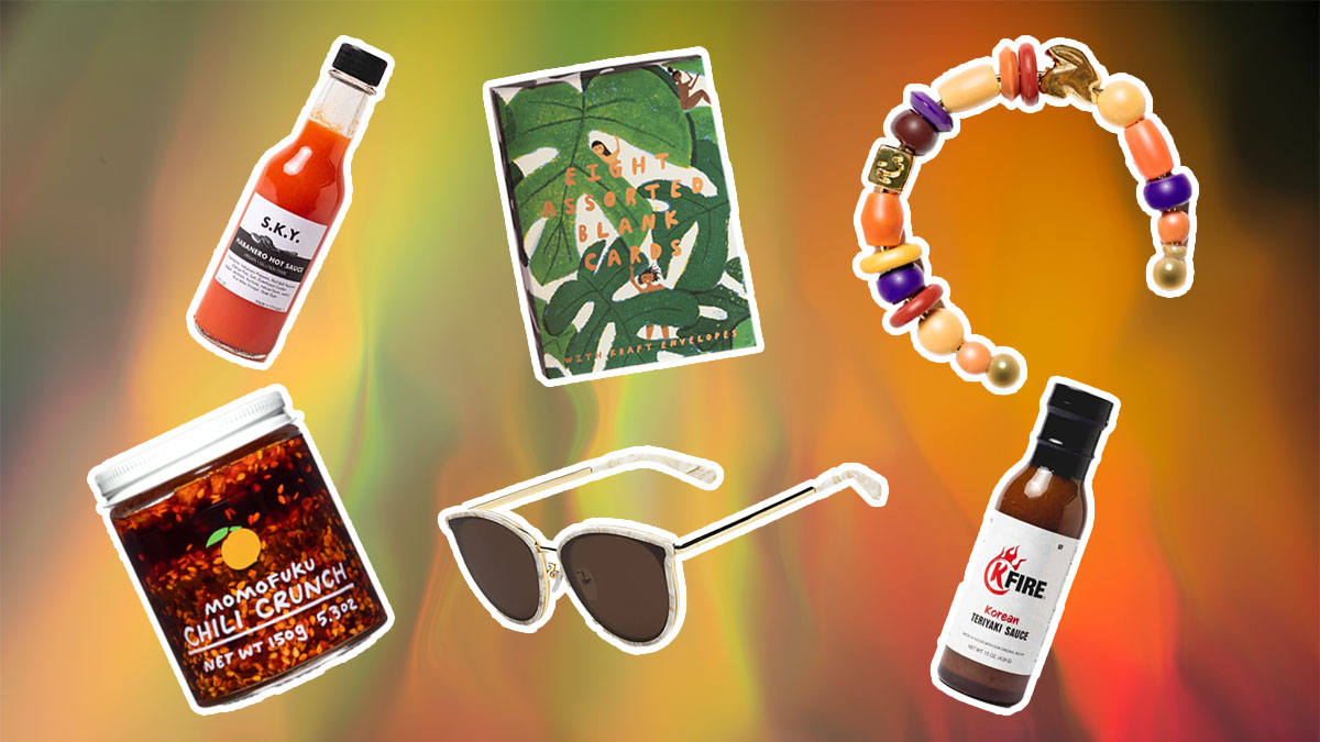 AAPI Gift guide items on an abstract orange and green background