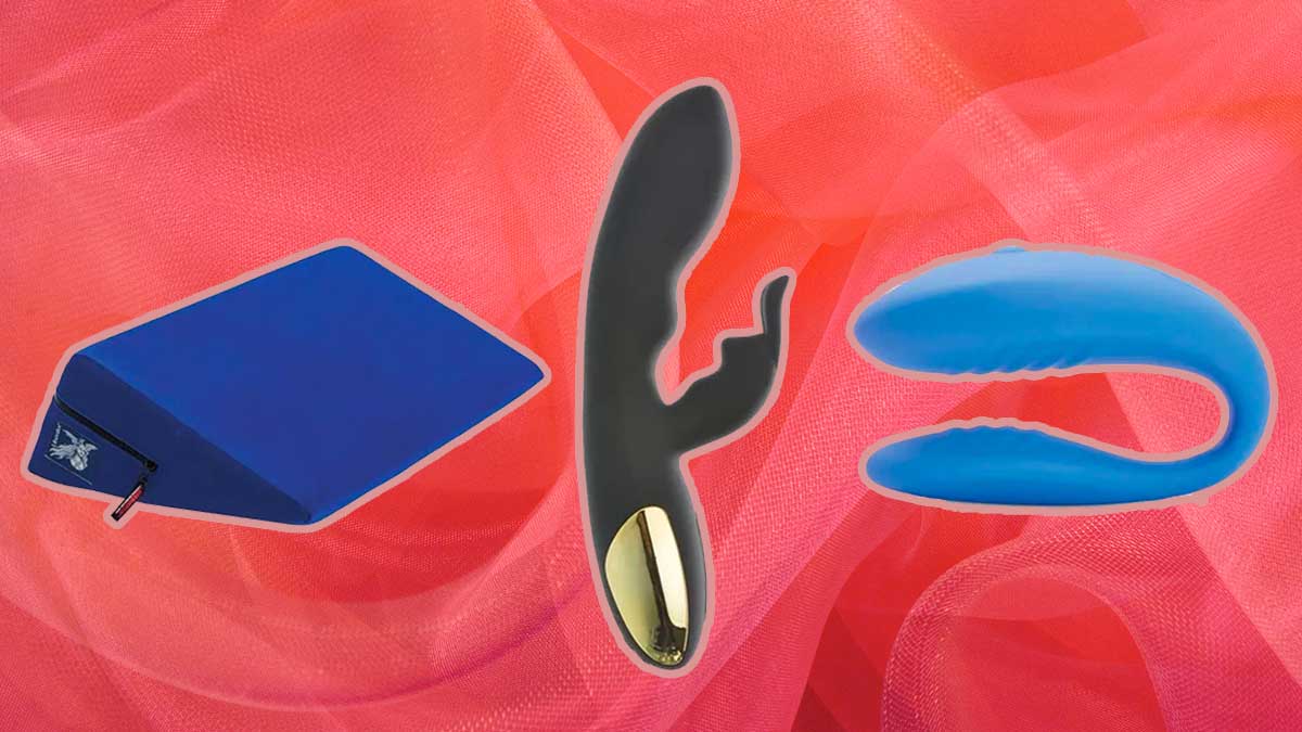 Toys from sex toy retailer Adam & Eve on a red background