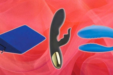 Toys from sex toy retailer Adam & Eve on a red background