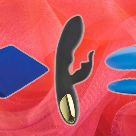 Toys from sex toy retailer Adam & Eve on a red background