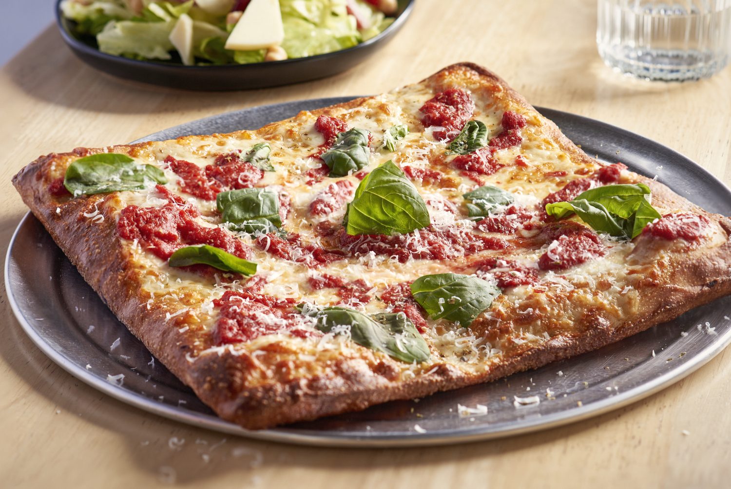 A plated pizza.