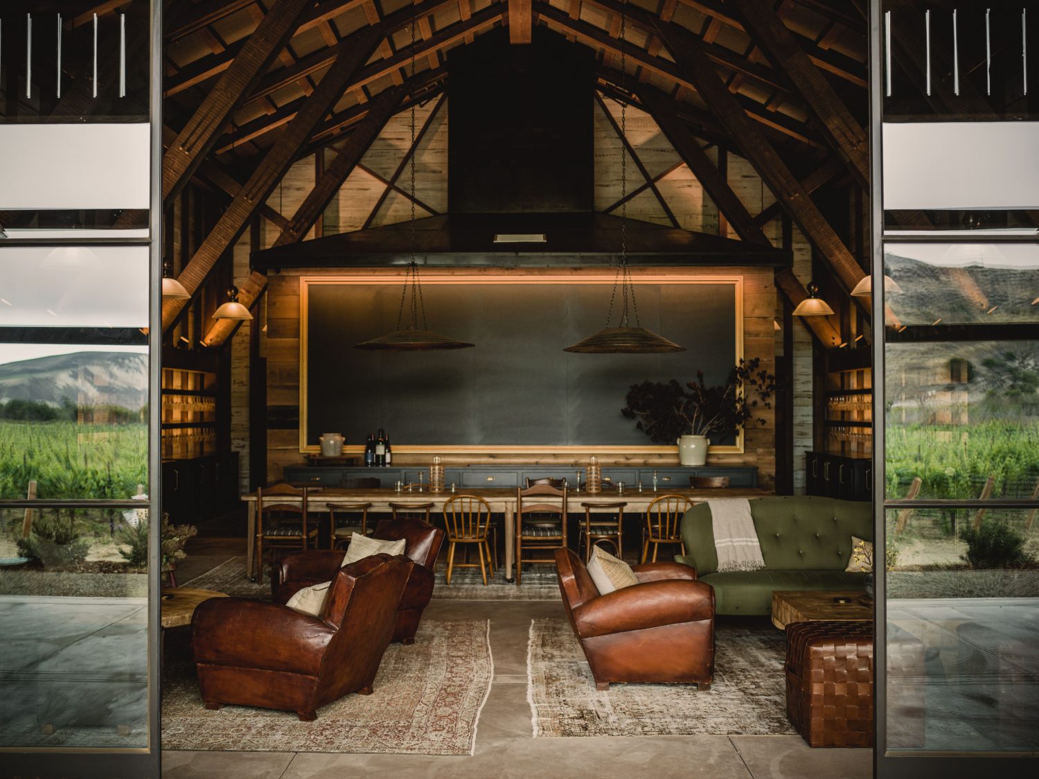 A wide shot of a Santa Barbara wine seating area with a brown aesthetic.