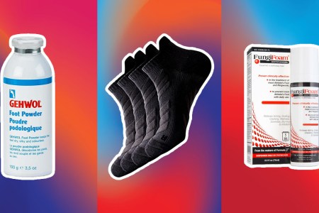Foot care products on a pink, blue and purple abstract background