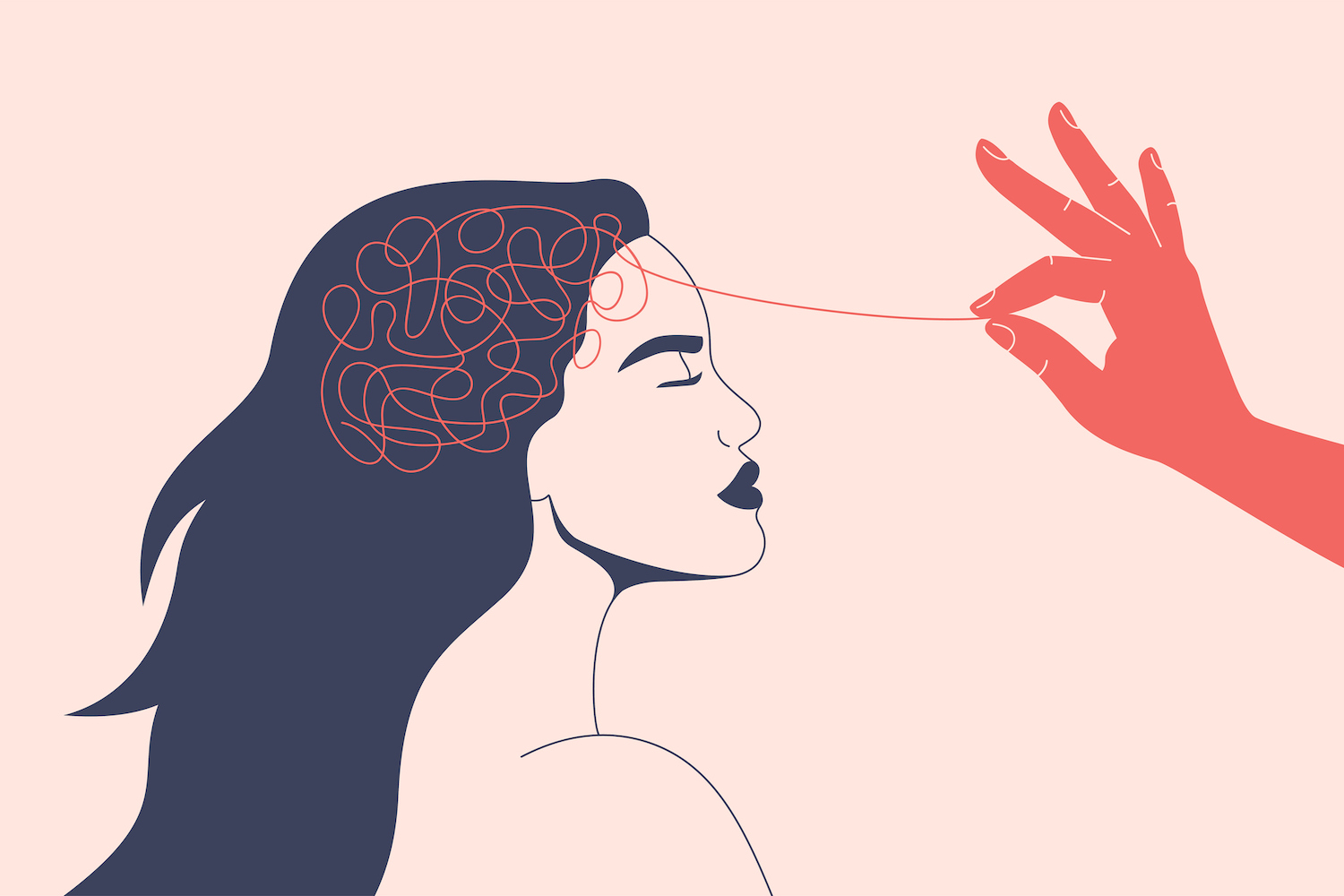 Helping hand unravels the tangle of thoughts of a woman with mental disorder, anxiety and confusion mind