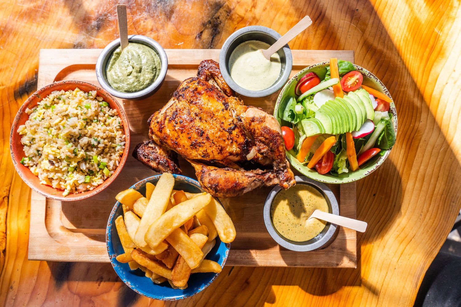 spread of food on a tray