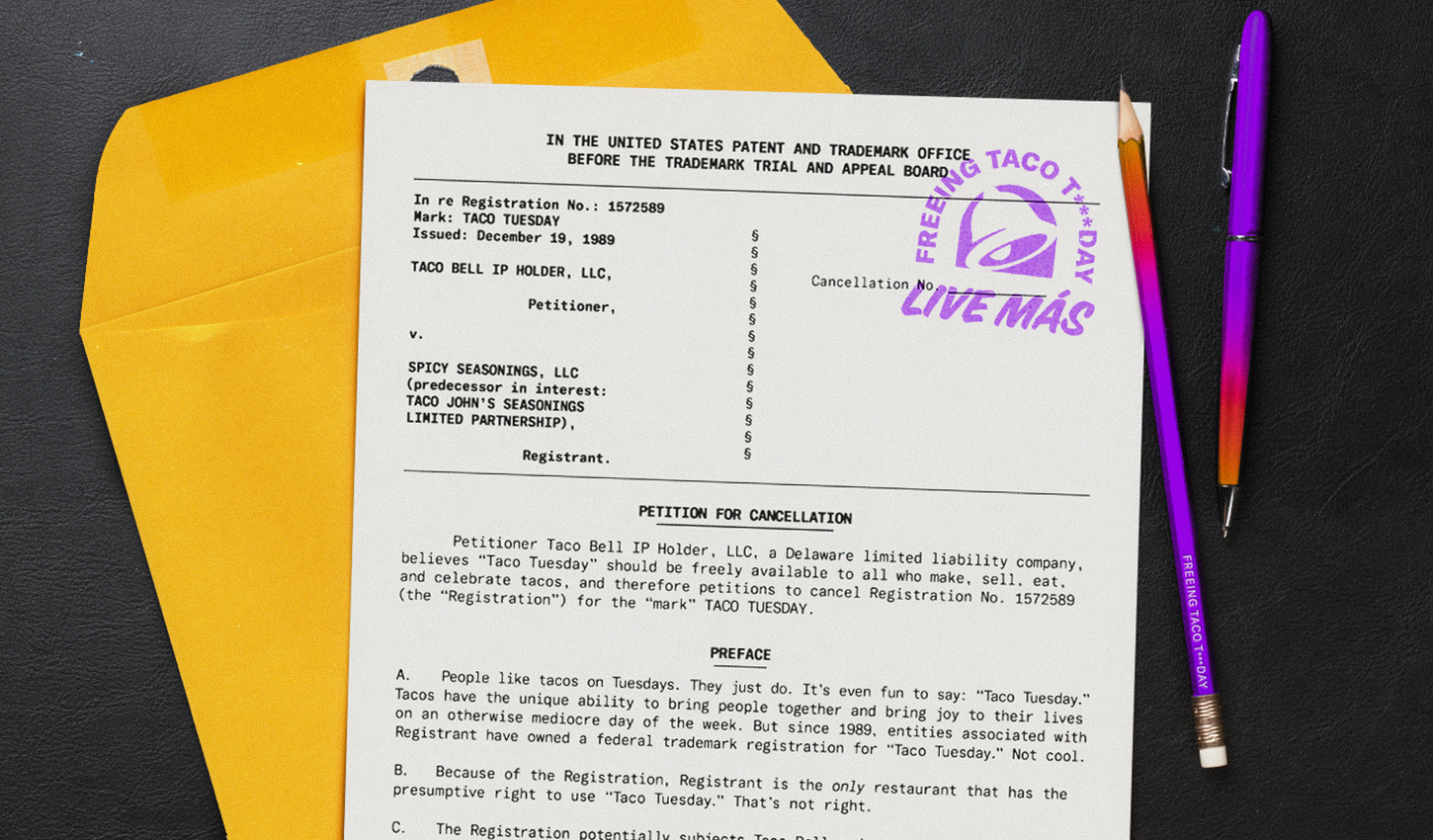 paper petition filed by taco bell with official taco bell stamp on it