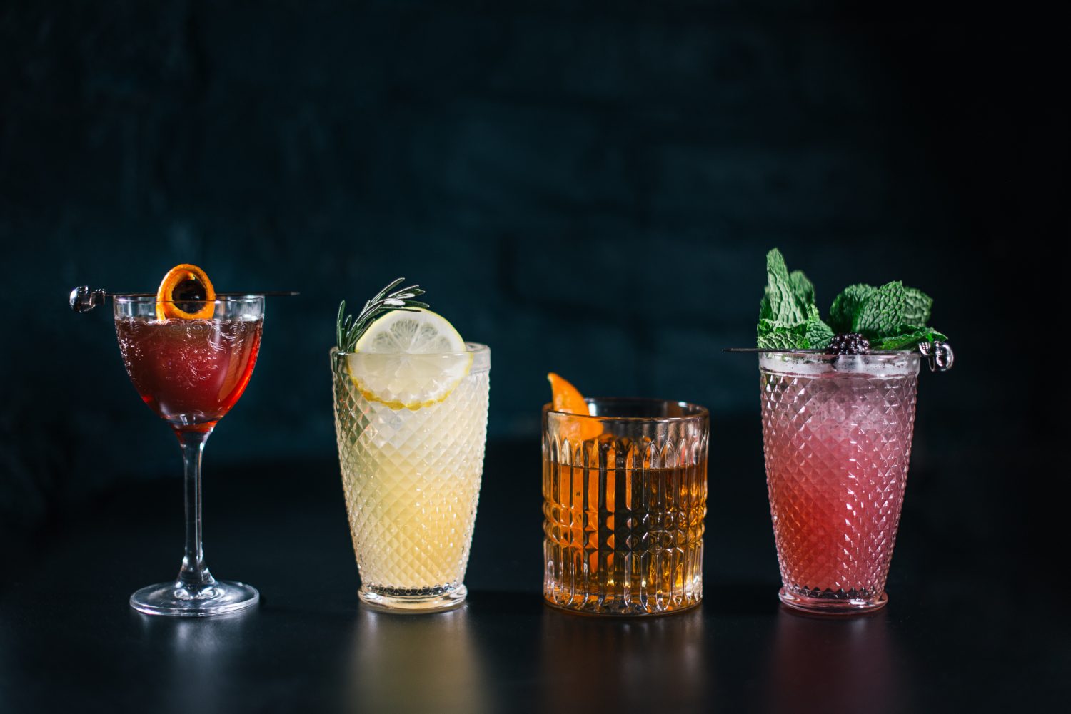 Cocktails in a row.