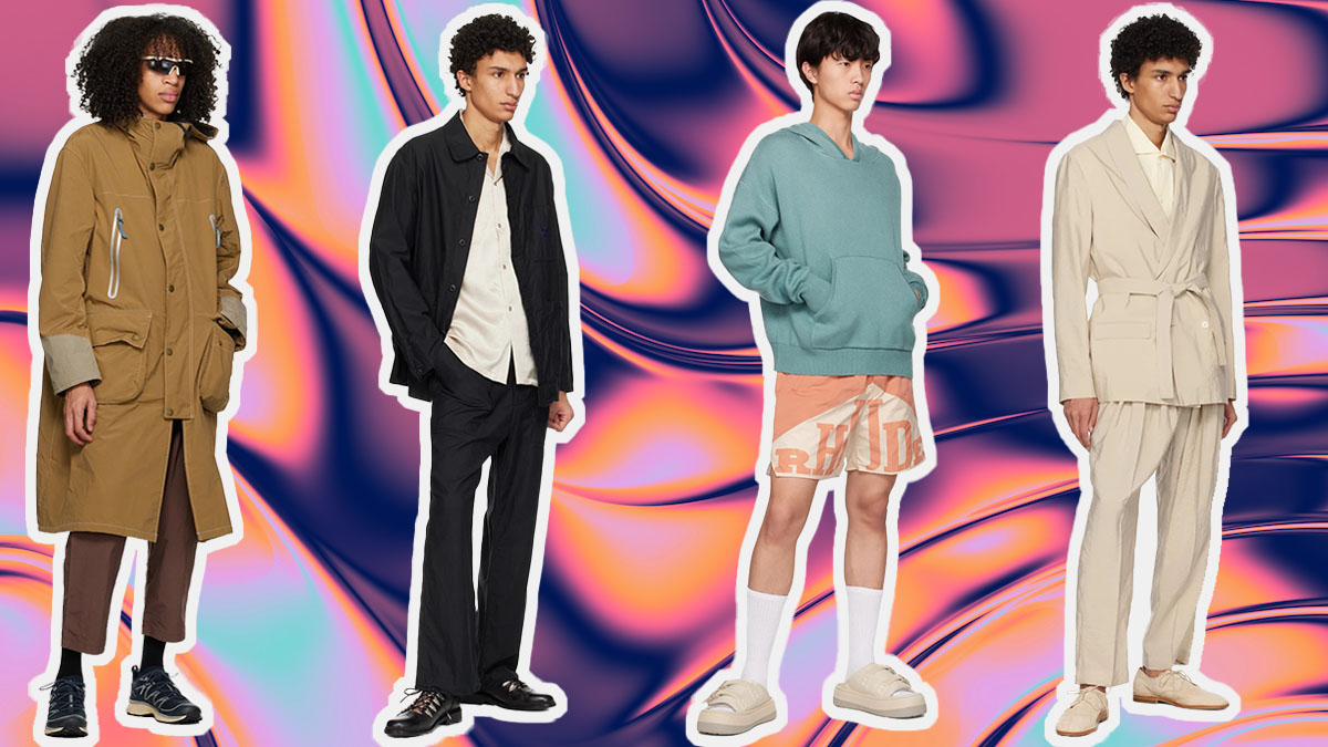a collage of items from the SSENSE Sale on a swirl purple and pink background