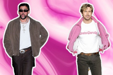 Ryan Gosling and Bad Bunny on a pink swirly background