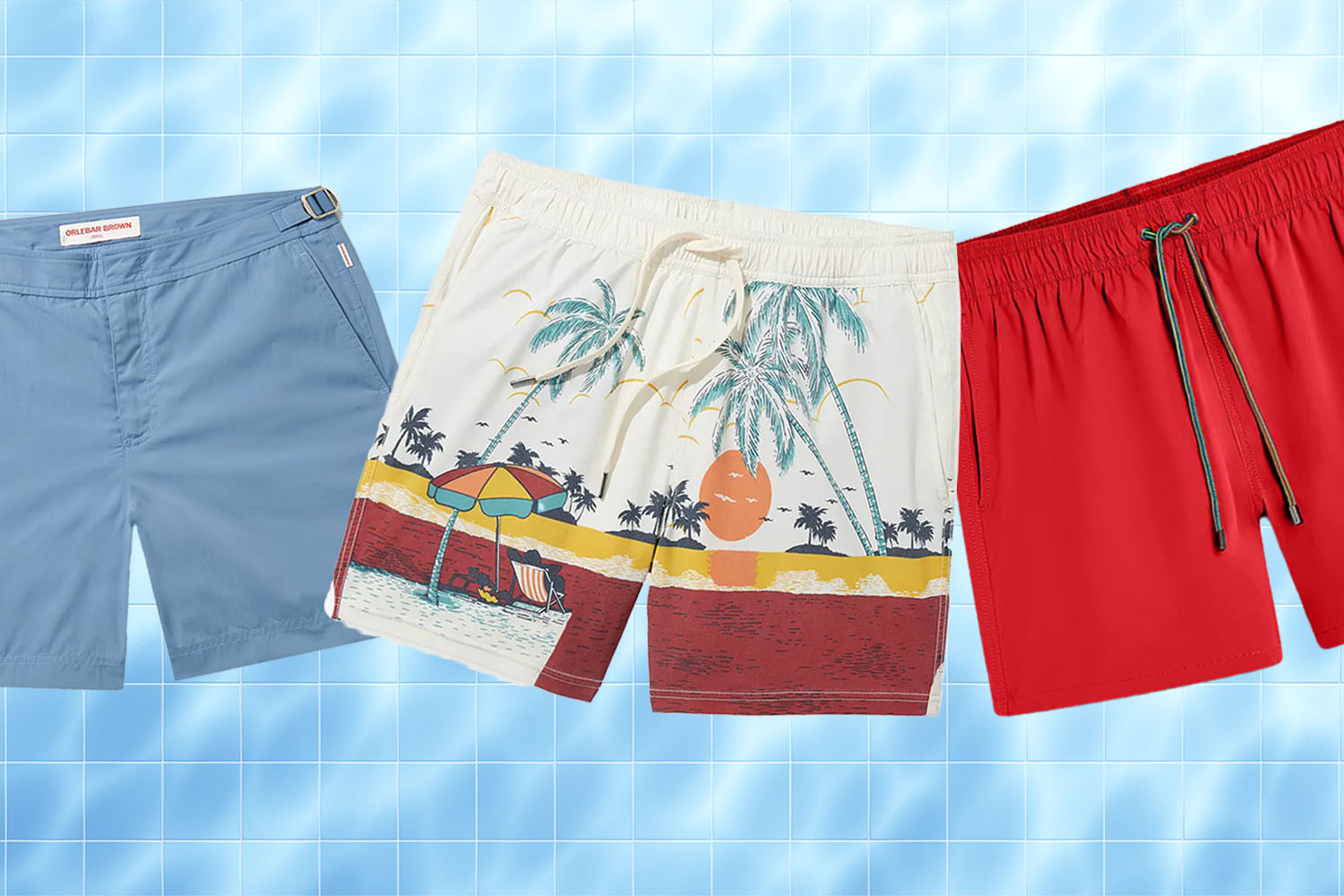 a collage of swim trunks on a pool background