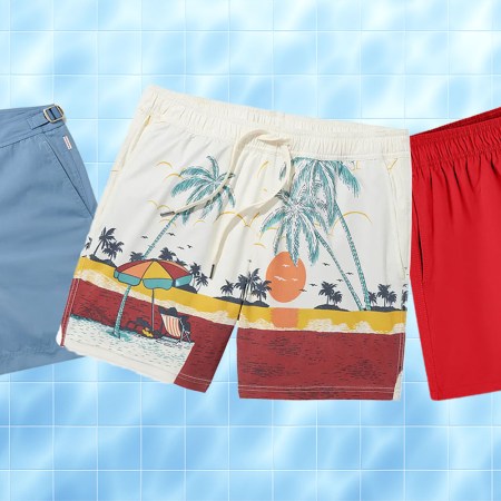 a collage of swim trunks on a pool background