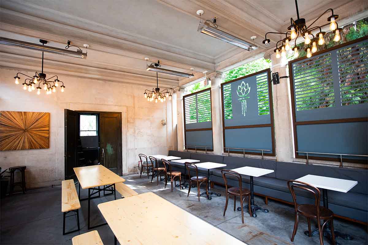 Inside Torch & Crown's Union Square beer garden, which features plenty of communal tables