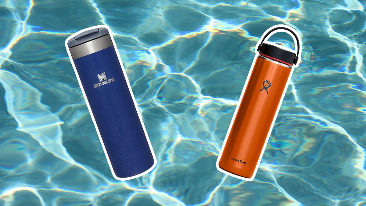 Two water bottles from Hydro Flask and Stanley on a water like background