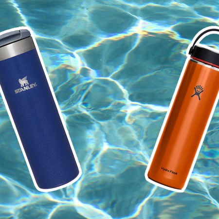 Two water bottles from Hydro Flask and Stanley on a water like background