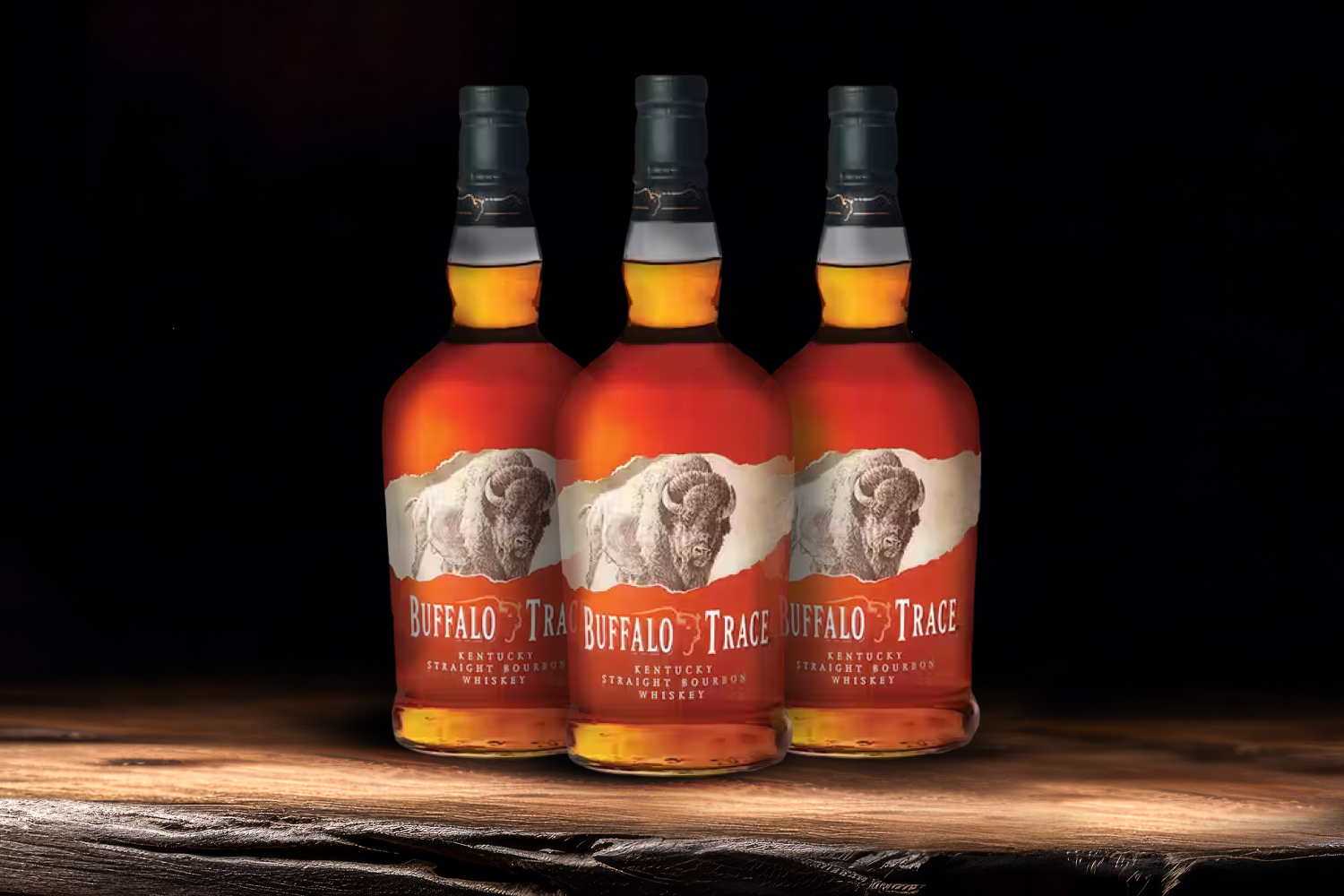 3 bottles of buffalo trace on a wooden table