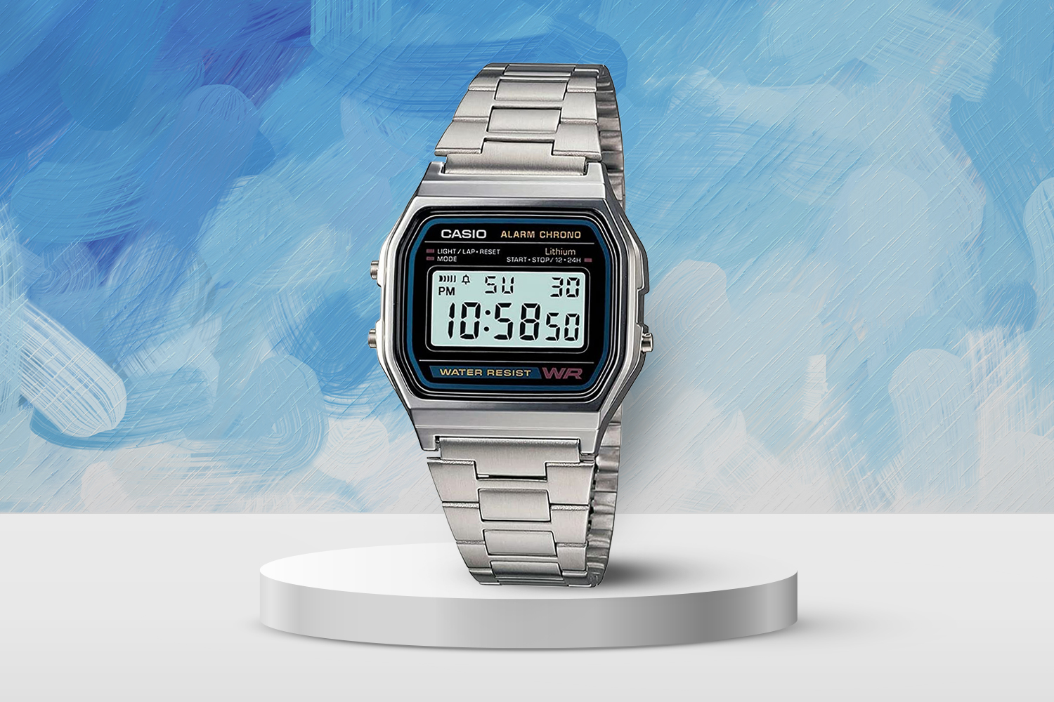 silver watch band with black screen that has digital clock