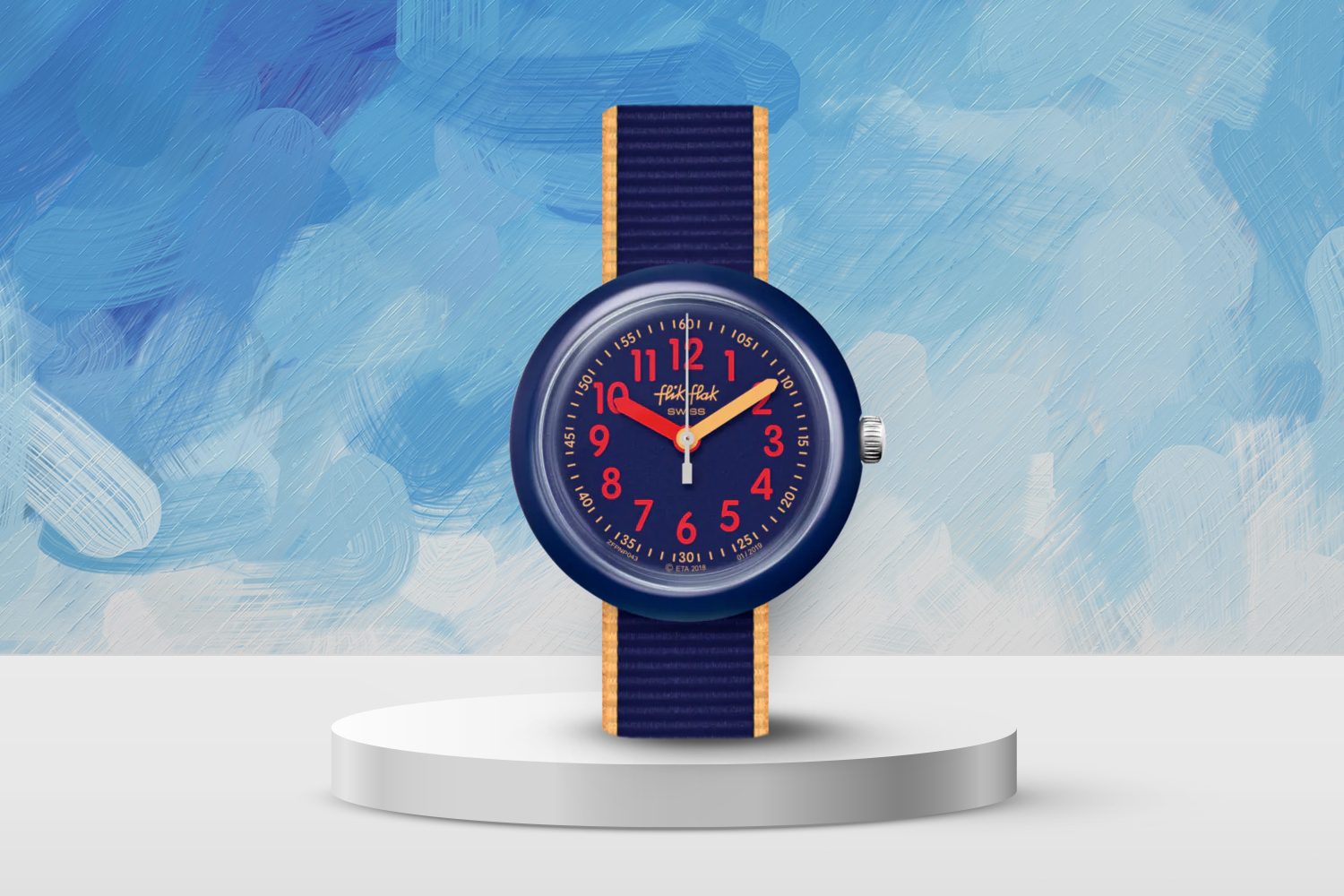 dark blue watch with red numbers