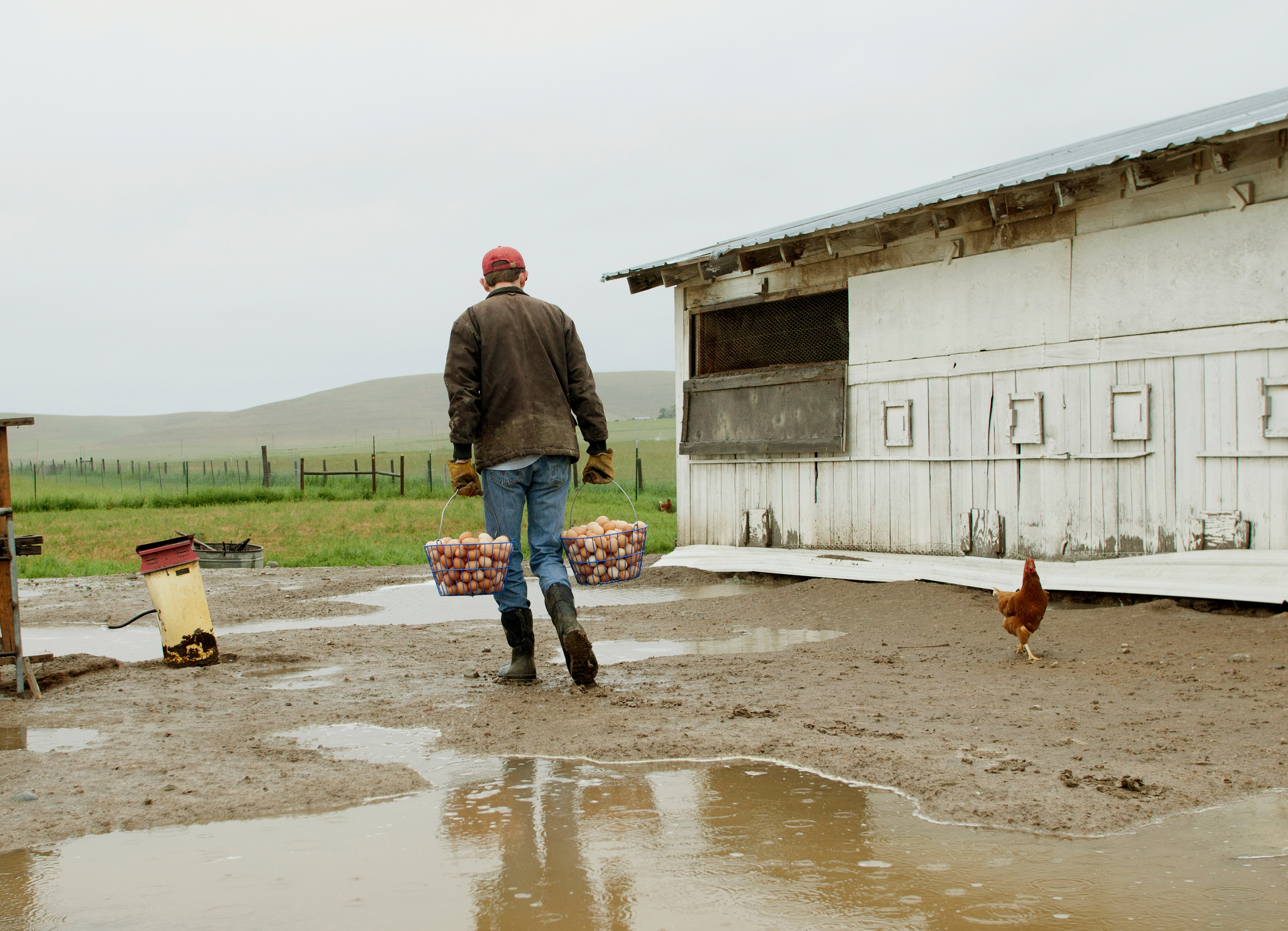 A farmer walking with two baskets of chicken eggs. This exercise move, called the farmer's carry, can be replicated in real life or the gym.
