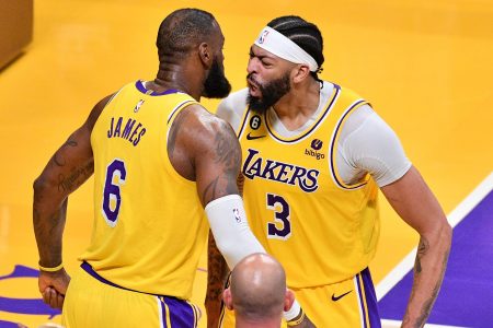 LeBron James celebrates with Anthony Davis of the Lakers.