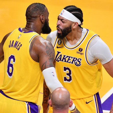 LeBron James celebrates with Anthony Davis of the Lakers.