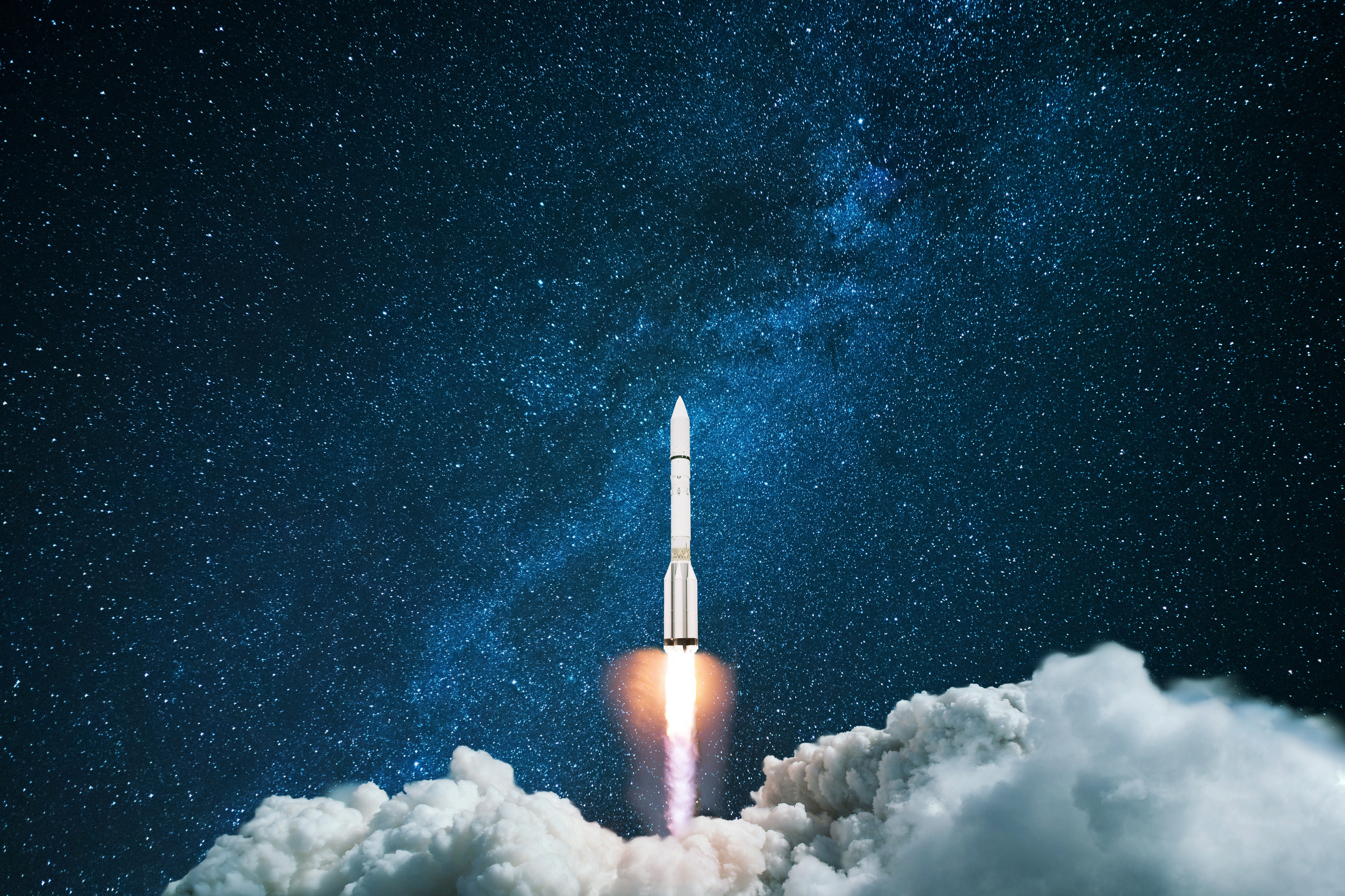 A rocket ship blasting into a starry sky