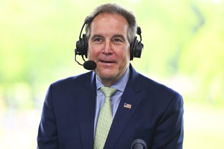 Jim Nantz of CBS in the broadcast booth at the Memorial Tournament.
