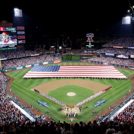 A general view of Citizens Bank Park during the national anthem.