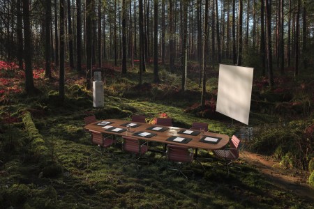 A conference room in the middle of a fantastical forest.