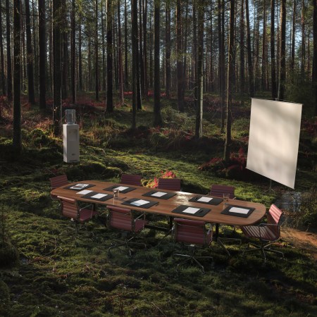 A conference room in the middle of a fantastical forest.