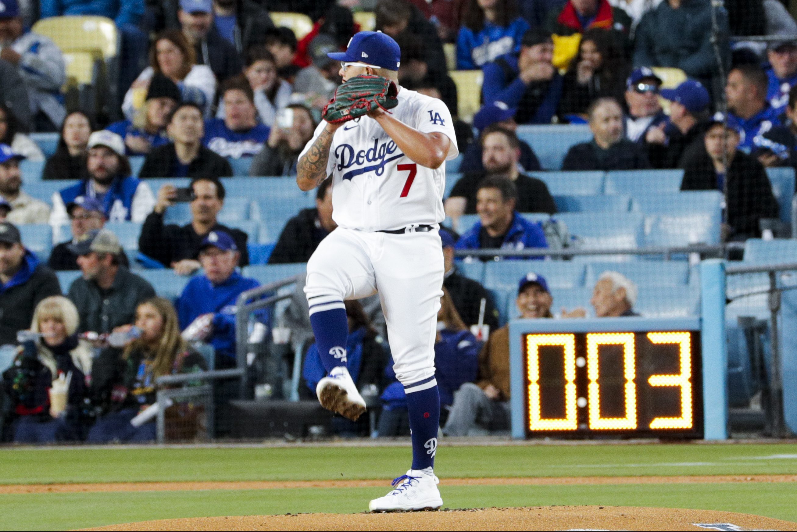 Dodgers pitcher Julio Urias delivers on the mound.