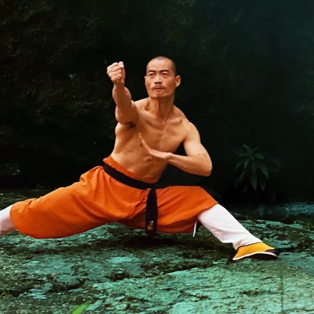 A Shaolin warrior monk clenching his fist towards the camera.