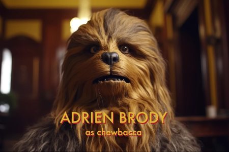 A screenshot of a Wes Anderson-inspired "Star Wars" trailer on YouTube, featuring a Chewbacca-like character supposedly played by Adrien Brody