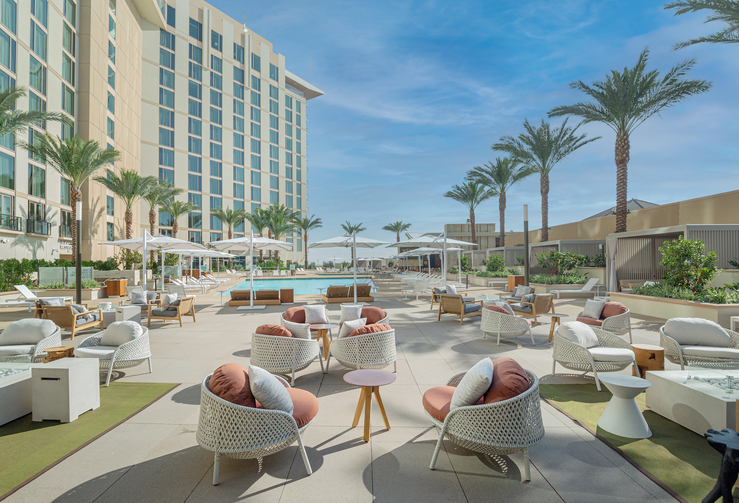 seating area outside with chairs and pool and palm trees.