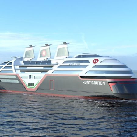 Hurtigruten Norway electric ship with solar panel sails