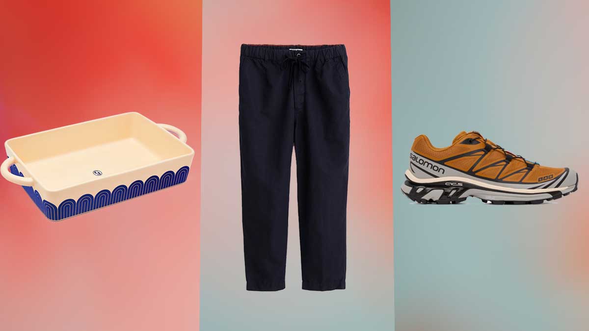 Great Jones hot dish, Alex Mill pants and a Saloman sneaker on a red and blue background
