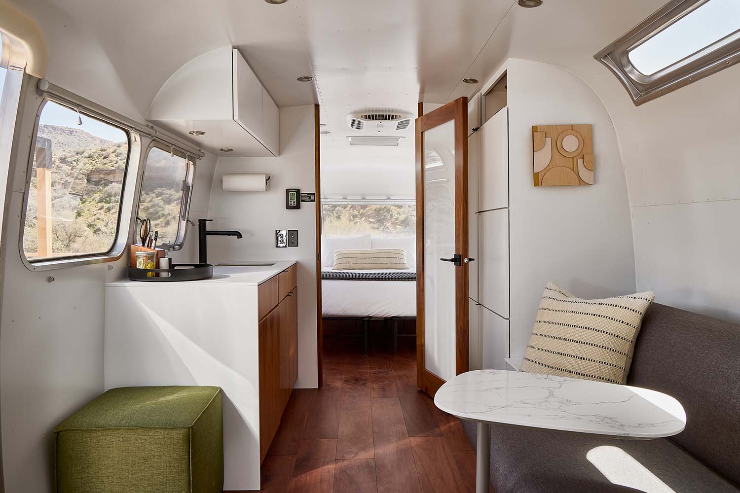 Inside a spacious retro airstream at AutoCamp