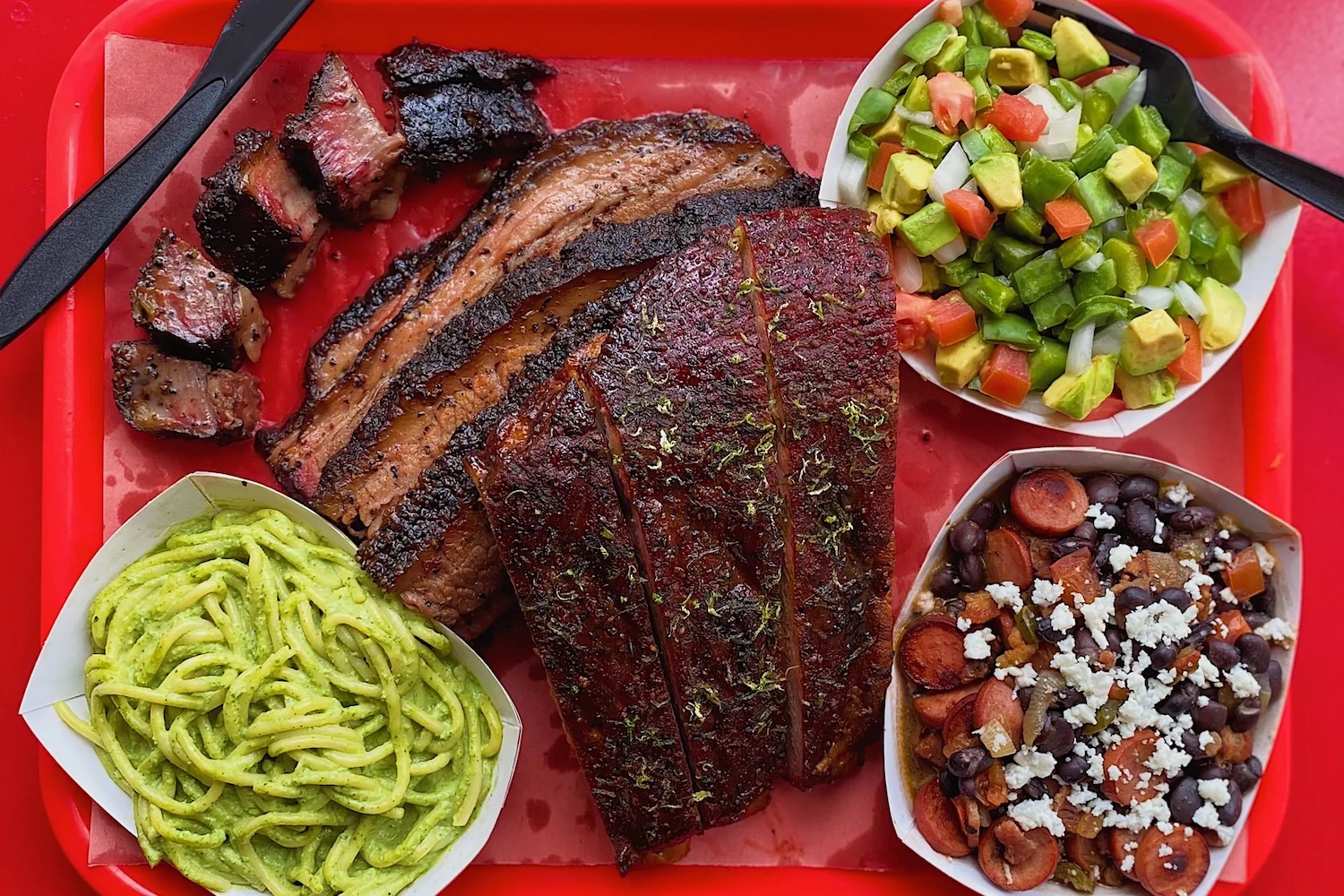 assorted food on a red tray from Barbs BQ