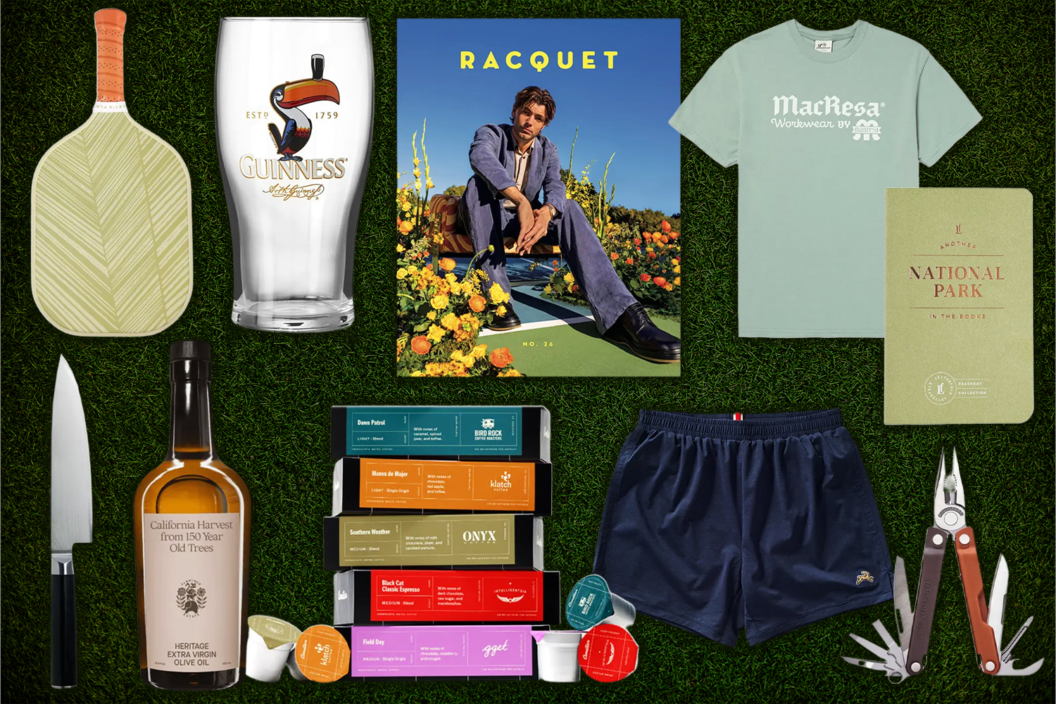 Father's day gifts collage on greenery background