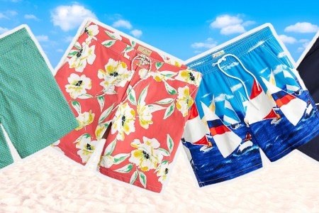 a collage of trunks from the J.Crew swim sale on a beach background