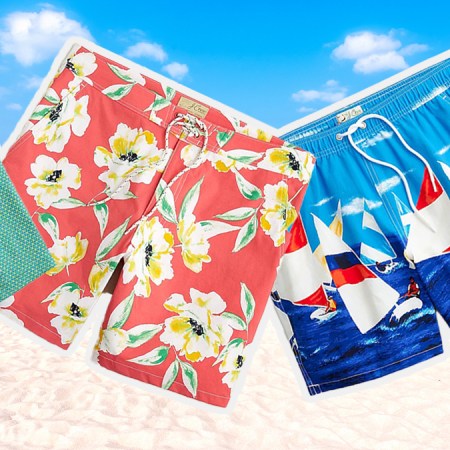a collage of trunks from the J.Crew swim sale on a beach background